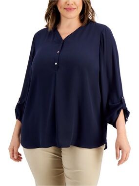 NWT JM Collection Navy V-Neck Button-Trim Blouse XL